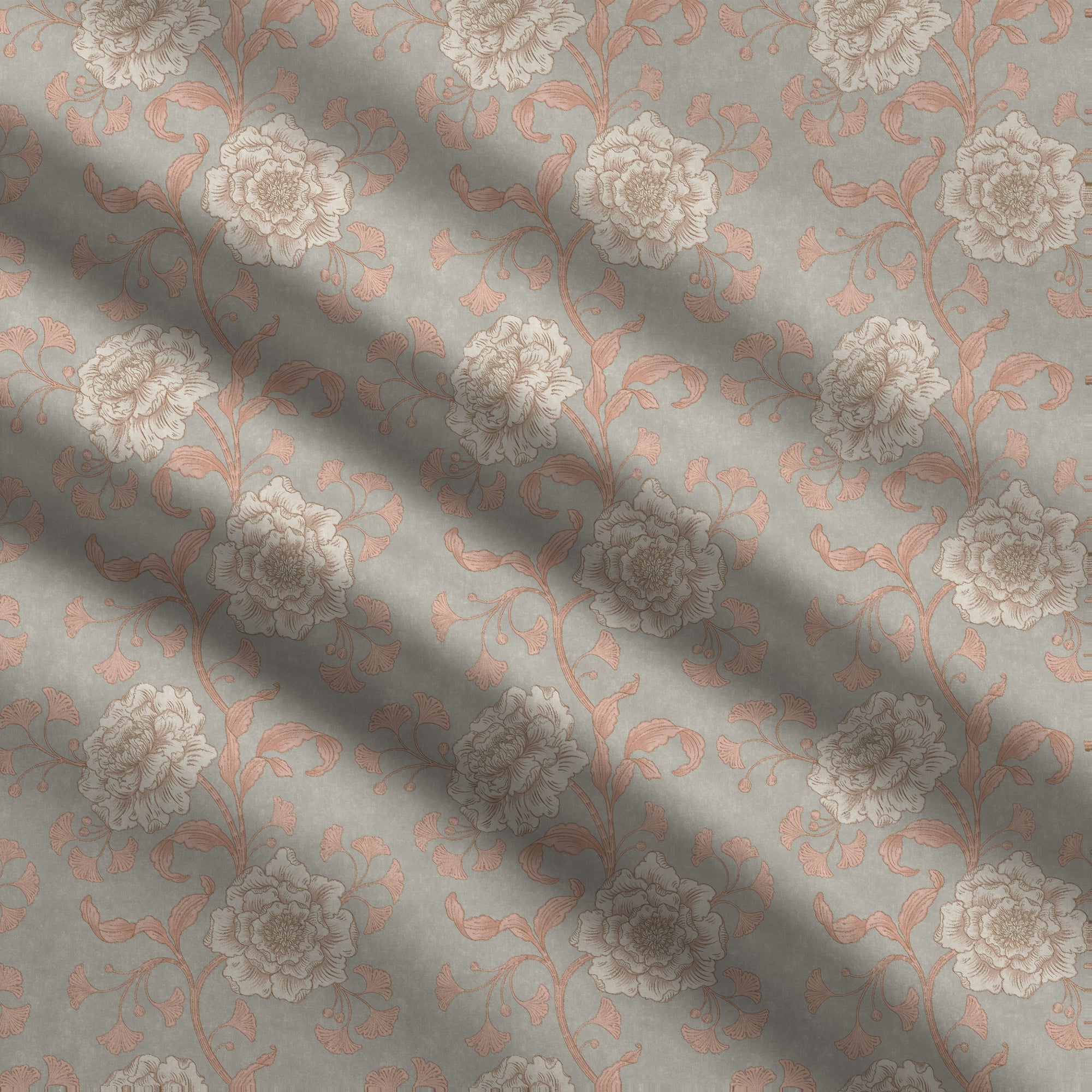 Floral patterned fabric with beige flowers on a green background