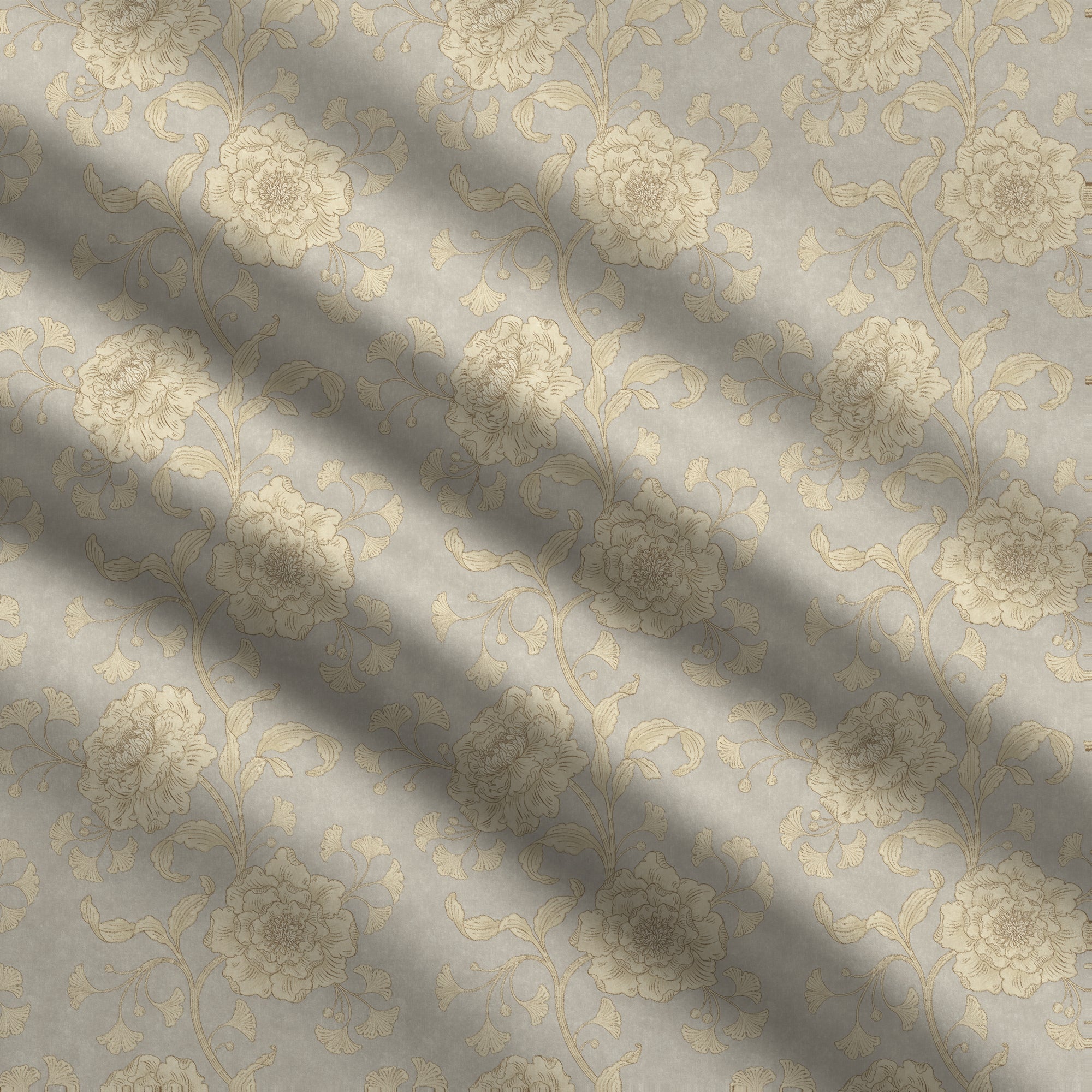 Floral patterned fabric with pink flowers on a beige background