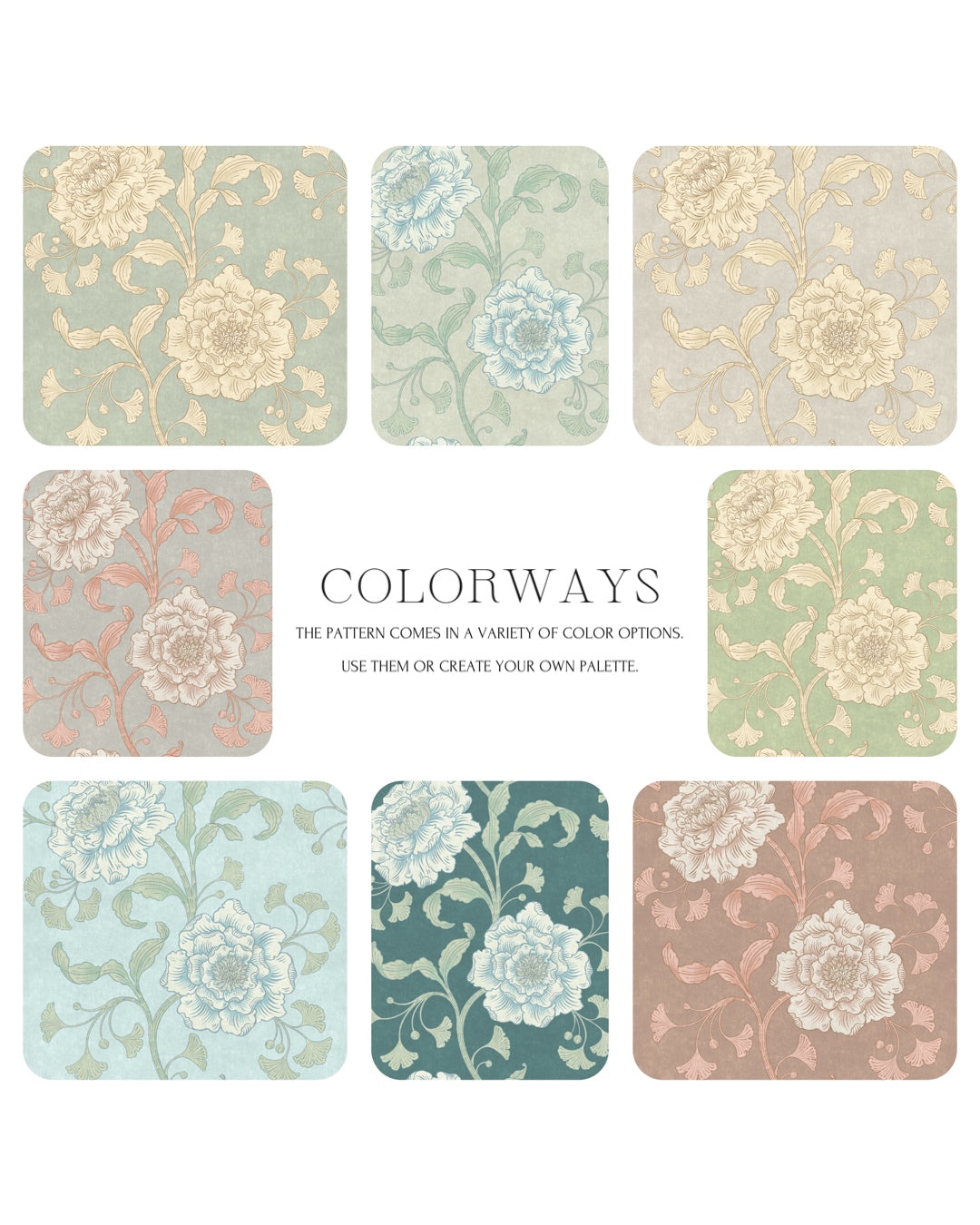 Set of floral patterned tiles with 'Colorways' text on a white background