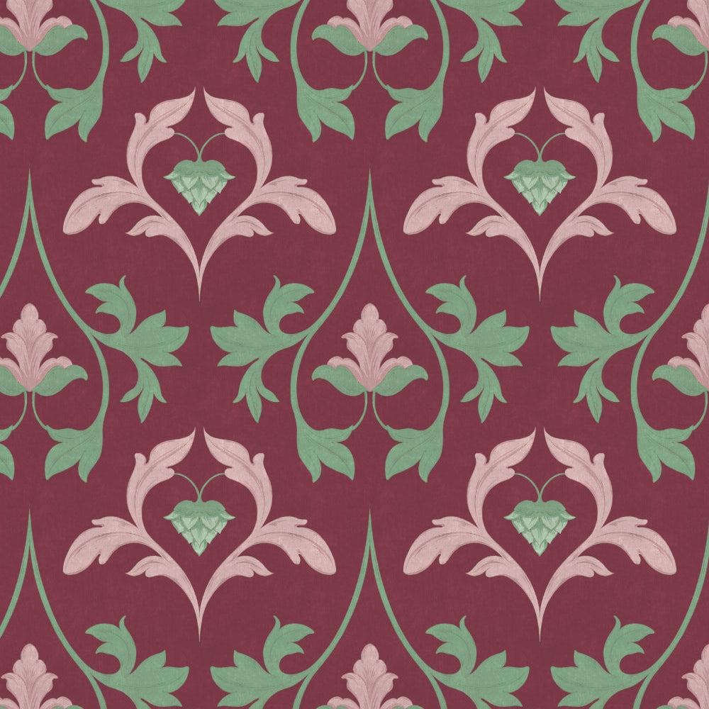 Decorative pattern with pink and green leaves on a red background