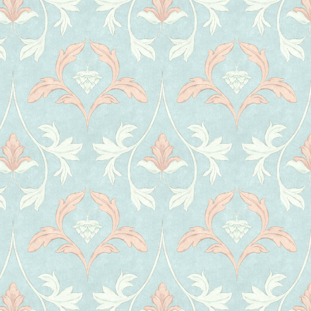 Decorative floral pattern with pink and white elements on a light blue background