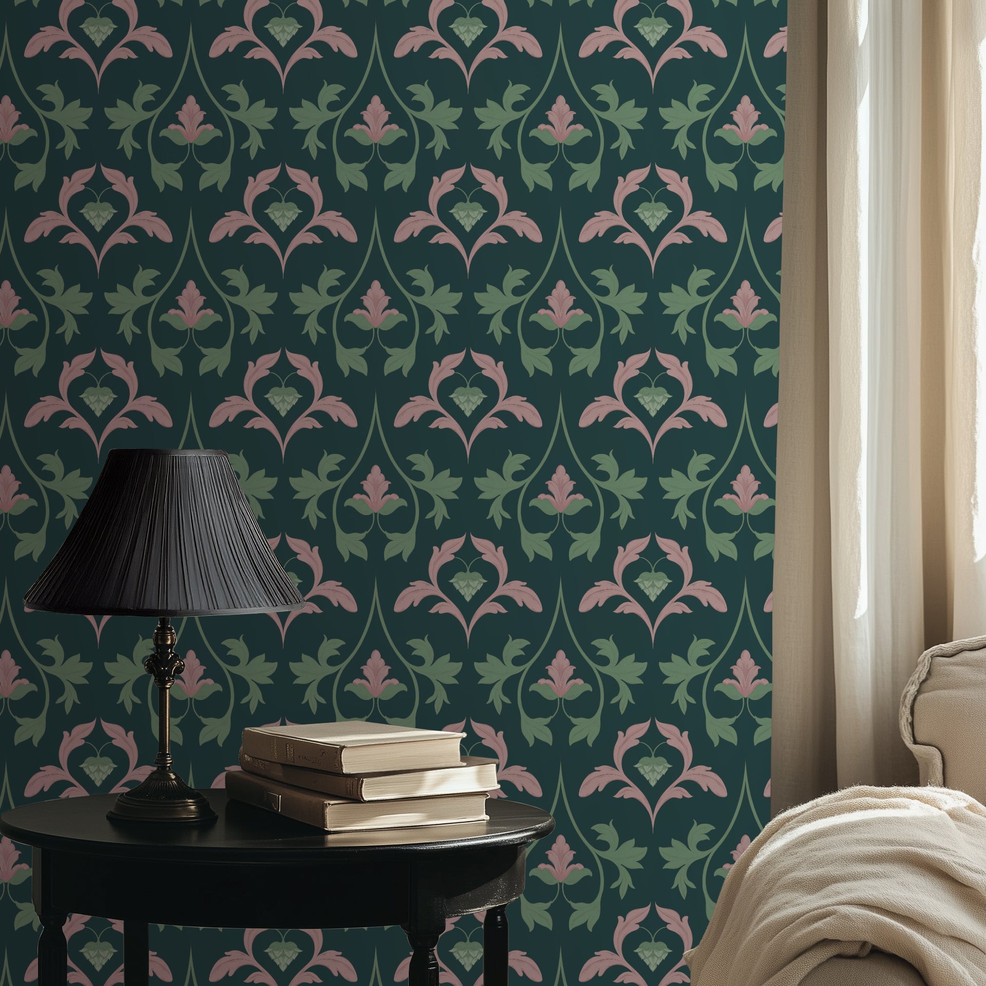 Decorative wallpaper with a floral pattern in a room with a table and lamp.