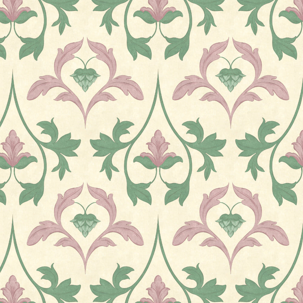 Decorative pattern with pink and green leaves on a beige background