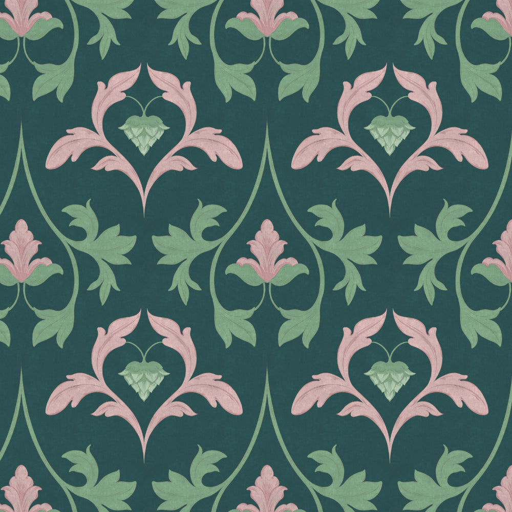 Decorative pattern with pink and green elements on a dark green background
