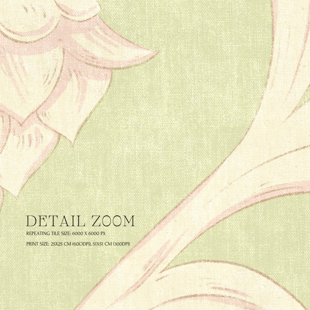 Close-up of floral pattern with text indicating detail zoom and print size.