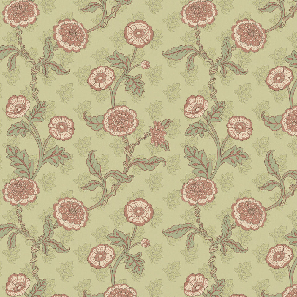 Floral pattern with pink flowers and green leaves on a light green background