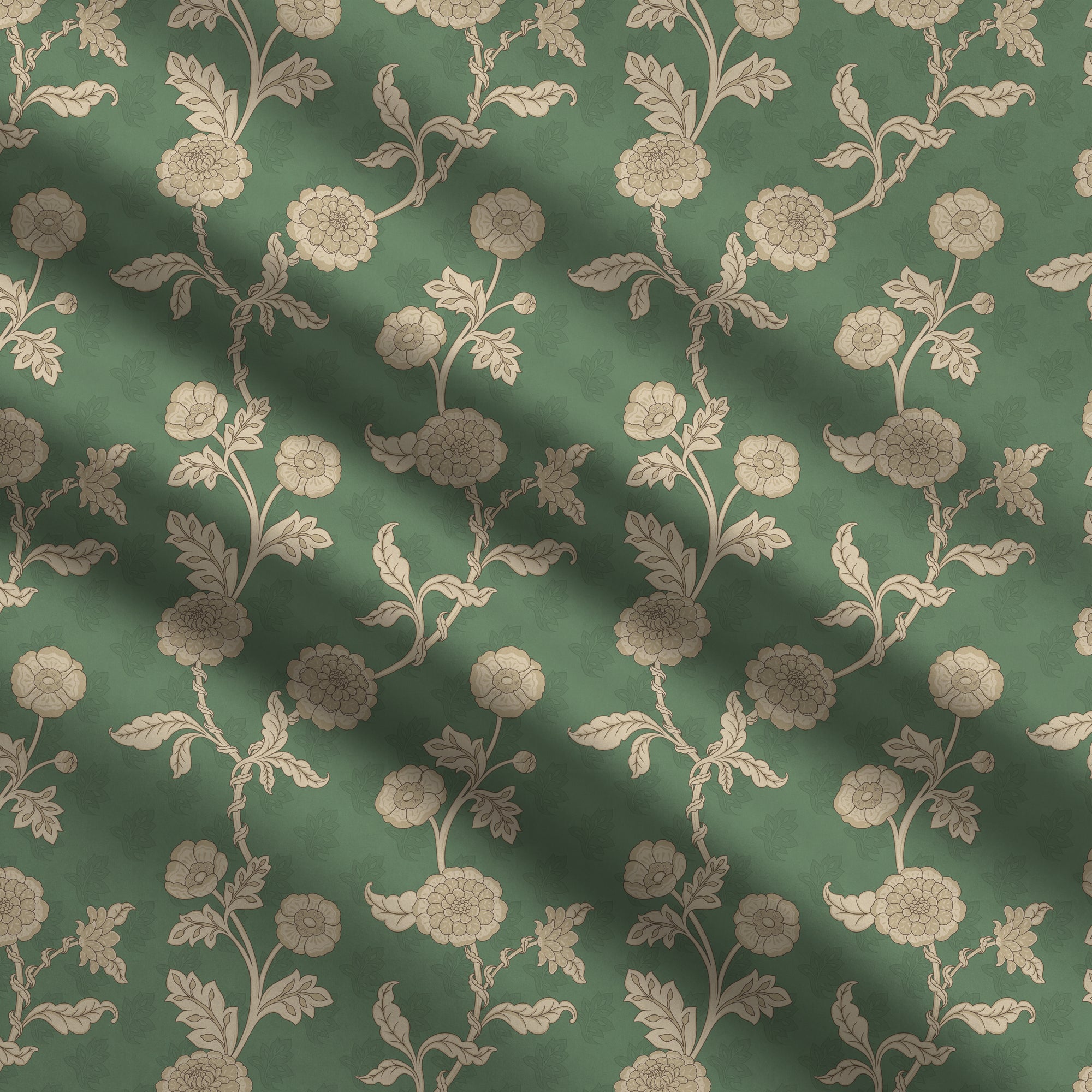Floral patterned fabric with beige flowers and leaves on a green background