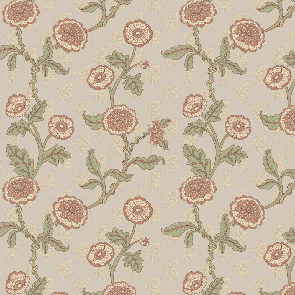 Floral pattern with red flowers and green leaves on a light gray background