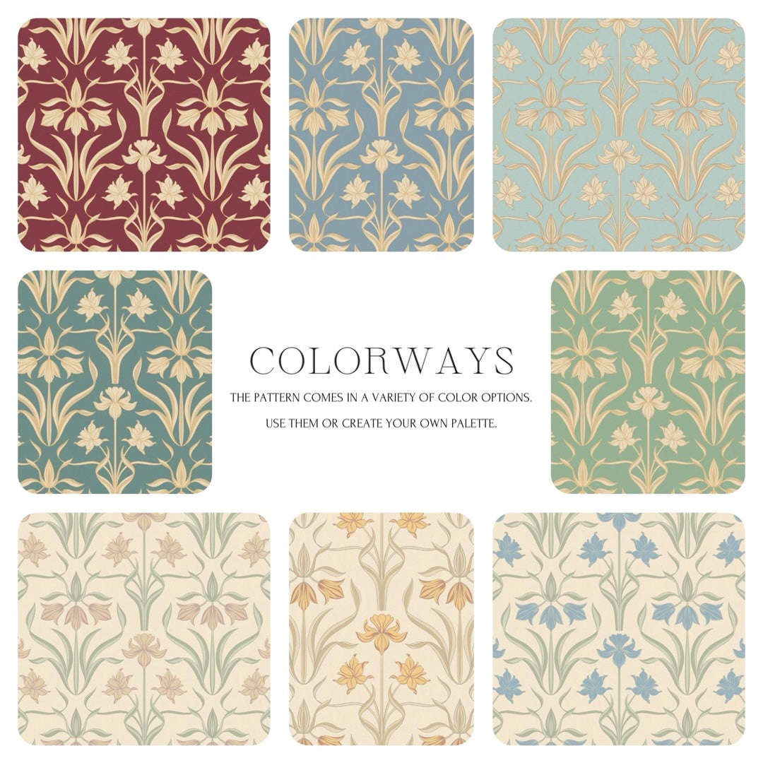 Set of floral pattern swatches in various colors with 'Colorways' text.