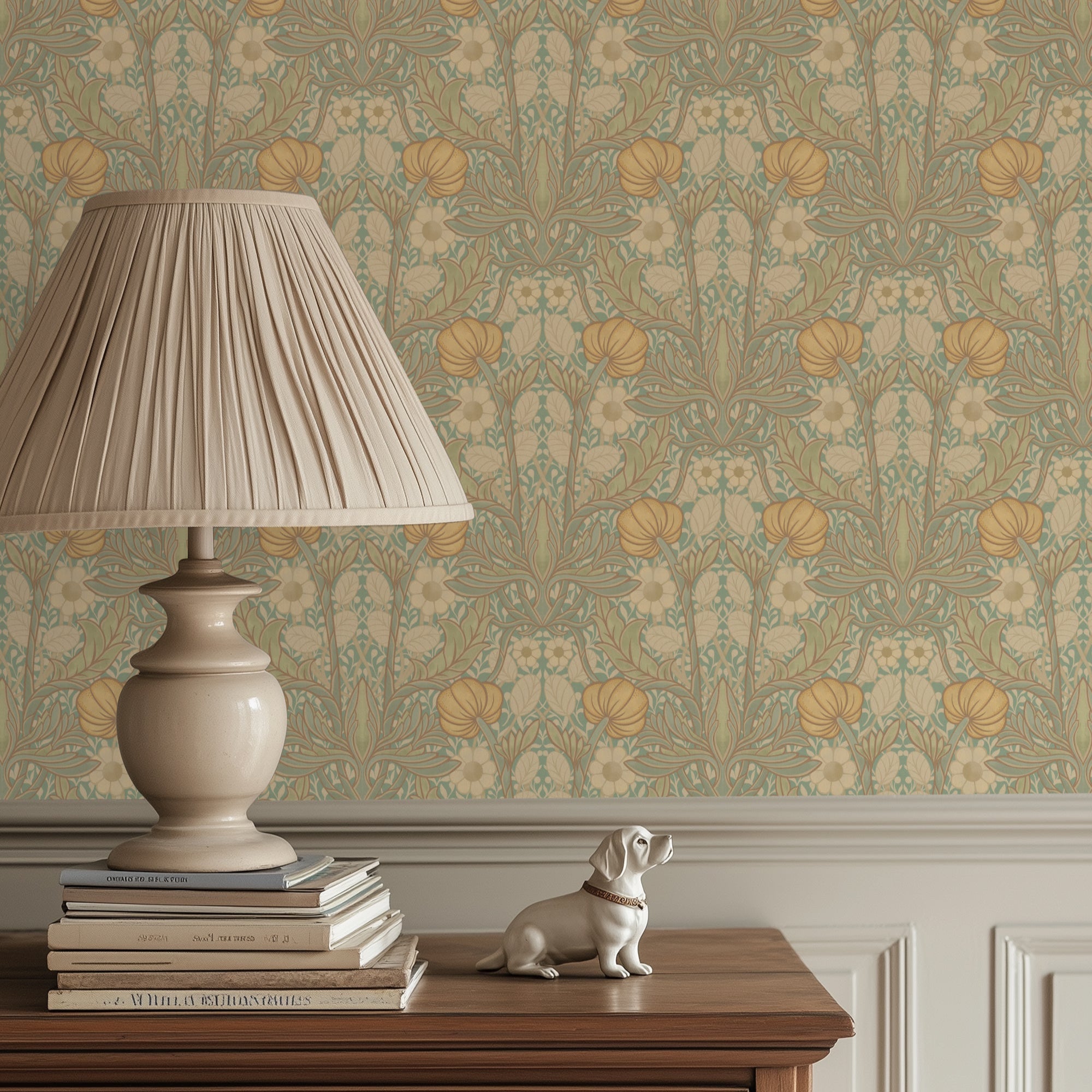 Decorative lamp on books with a small dog figurine against a patterned wallpaper background.