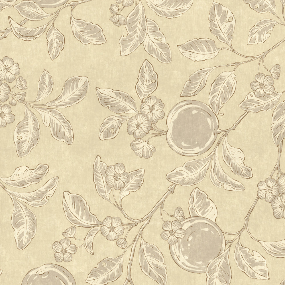 Decorative pattern of leaves and fruits on a beige background