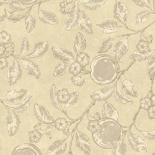 Decorative pattern of leaves and fruits on a beige background