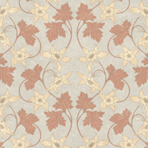 Decorative wallpaper with floral and leaf pattern on a light background