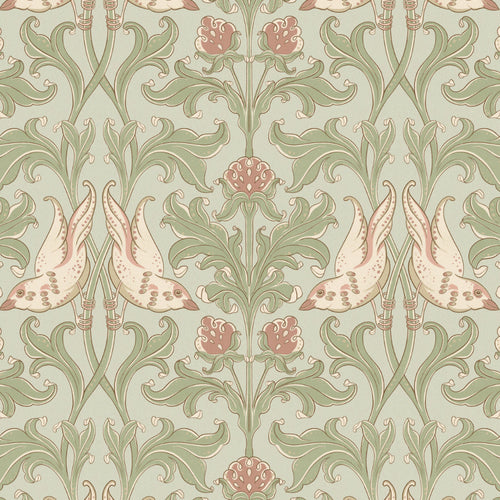 Decorative pattern with birds and floral elements on a light green background