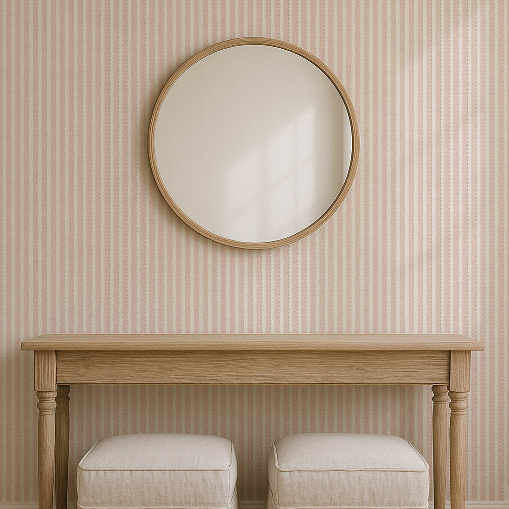 Wooden table with two cushioned stools underneath a round mirror on a striped wall.
