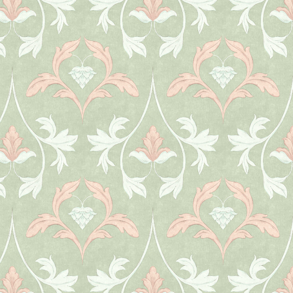 Decorative floral pattern with pink and white elements on a light green background