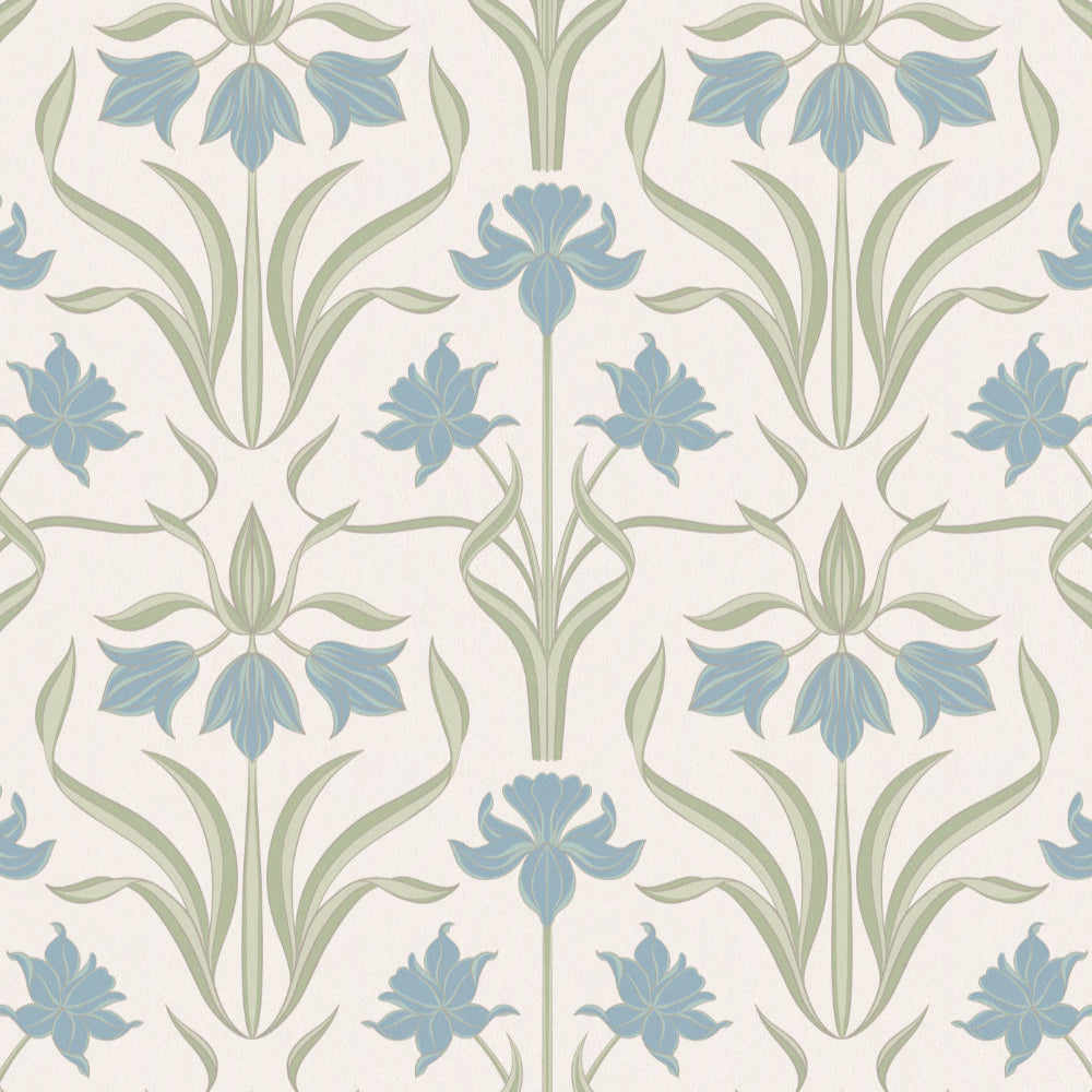 Patterned wallpaper with blue and green floral design on a light background