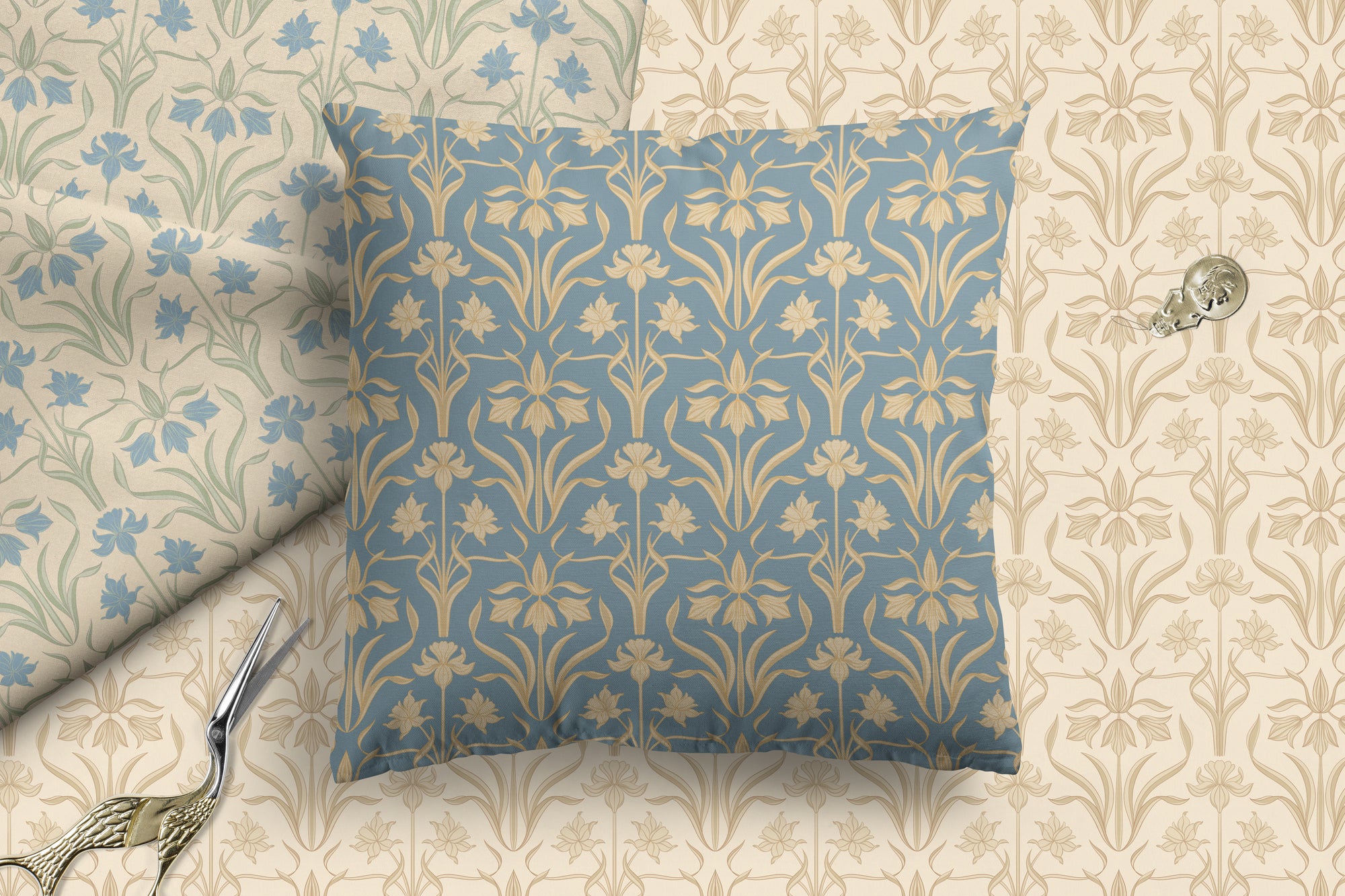 Decorative pillow with floral pattern on a matching fabric background