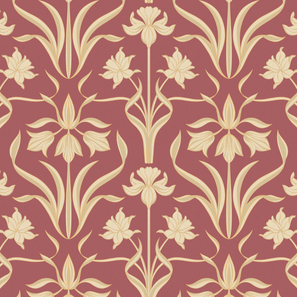 Decorative floral pattern with beige flowers on a red background