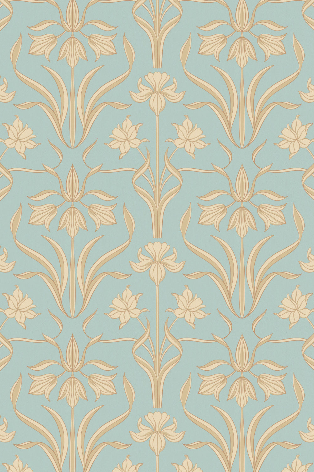 Decorative floral pattern with gold flowers on a light blue background