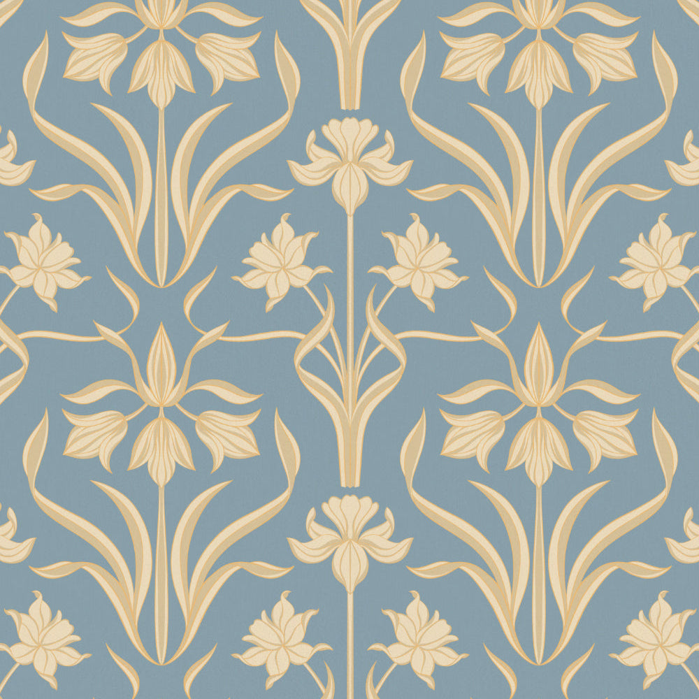 Decorative floral pattern with gold flowers on a blue background