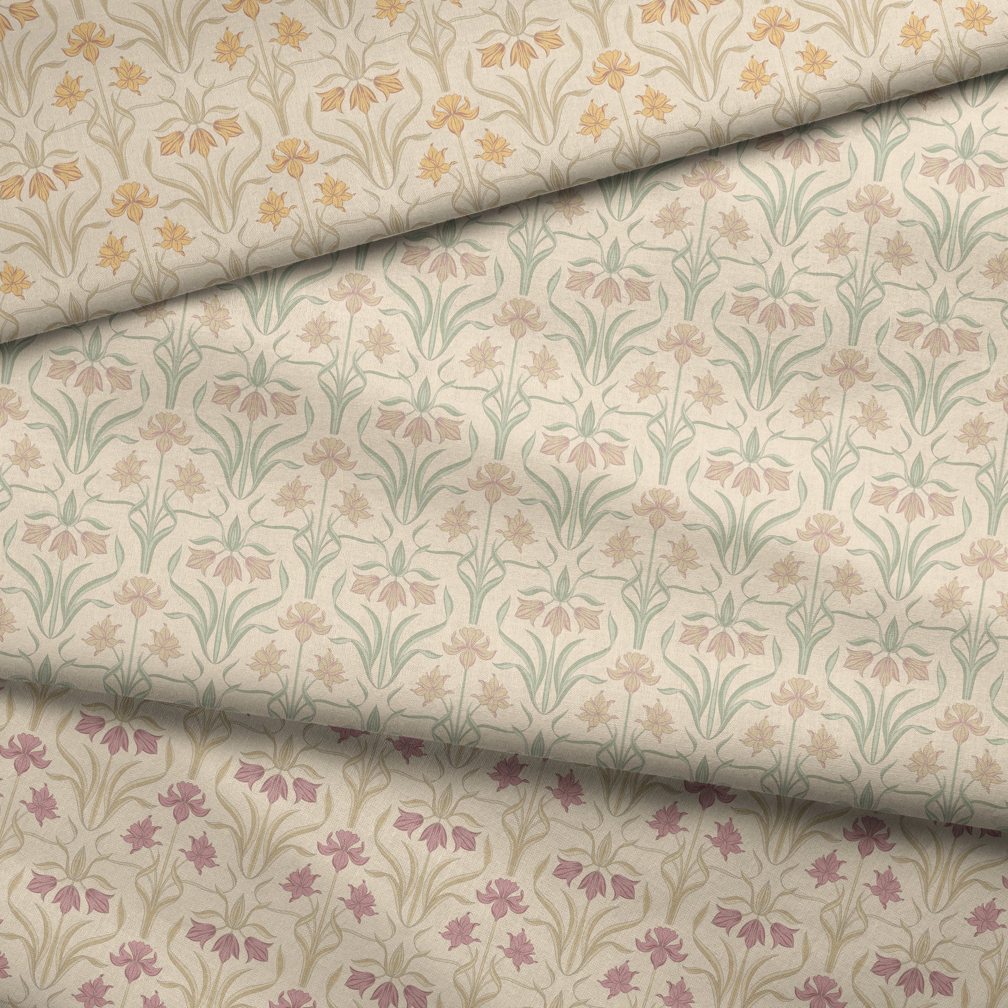 Patterned fabric with floral and leaf design on a blue background